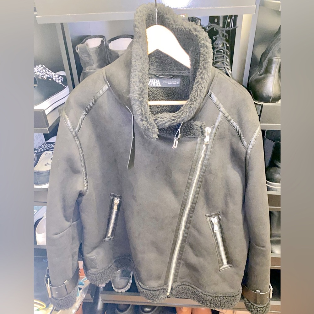 Oversized Faux Suede + Sherpa Biker Jacket